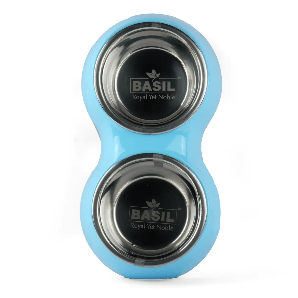 Basil Double Melamine Bowl Dinner Set for Dogs and Cats (Blue)
