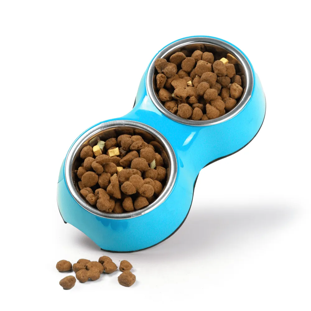 Basil Double Melamine Bowl Dinner Set for Dogs and Cats (Blue)