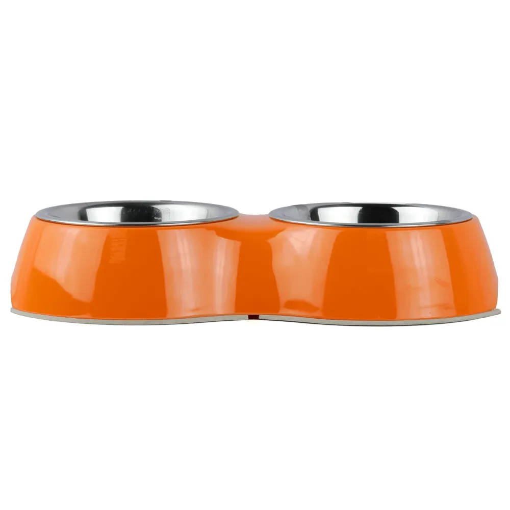 Basil Double Melamine Bowl Dinner Set for Dogs and Cats (Orange)