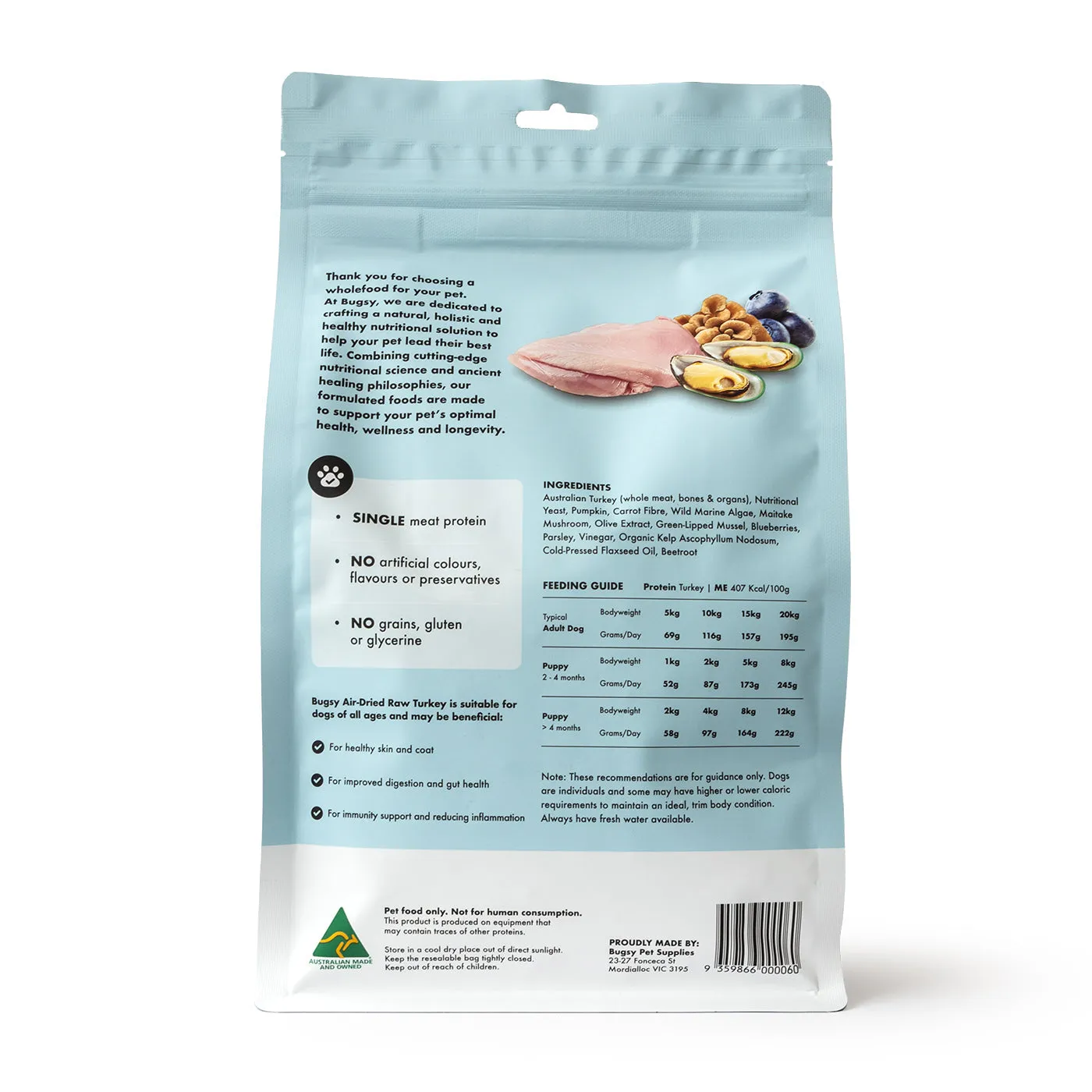 Bugsy Turkey Air Dried Raw Dog Food 1.1kg