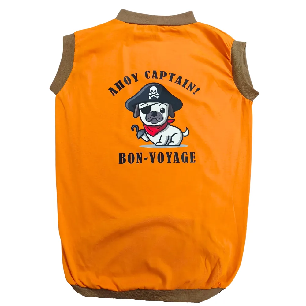 Cheeku Ahoy Captain Graphic Cotton T Shirt for Dogs and Cats (Orange)