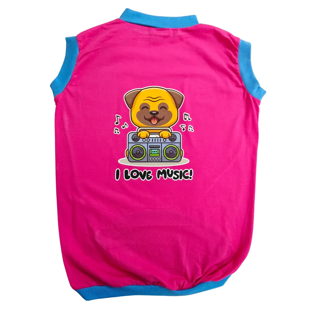 Cheeku I Love Music Graphic Cotton T Shirt for Dogs and Cats (Fuschia)