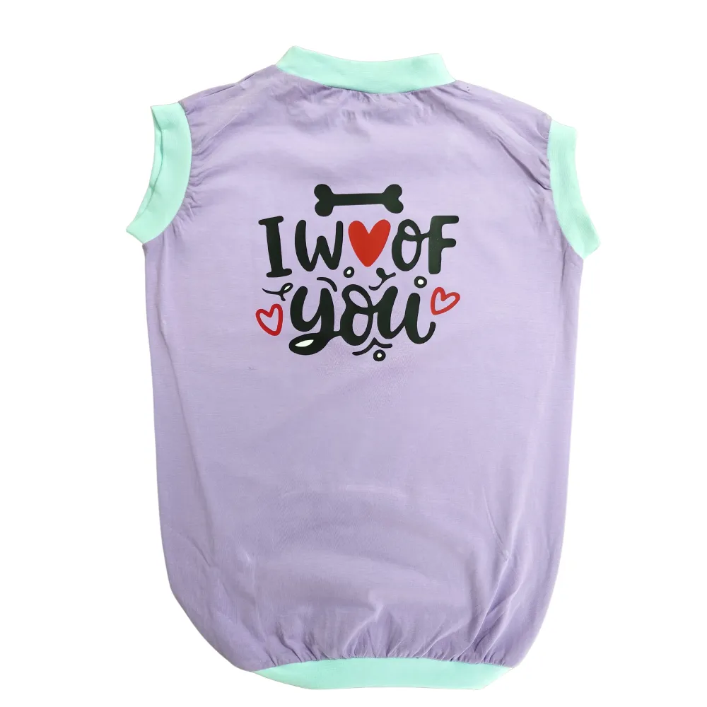 Cheeku I Woof You Graphic Cotton T Shirt for Dogs and Cats (Lavender)