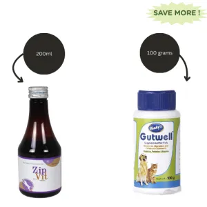 Intas Zipvit Multi Vitamin Supplement (200ml) and Venkys Gutwell Pre & Probiotics Gut Health Powder (100g) for Dogs and Cats Combo