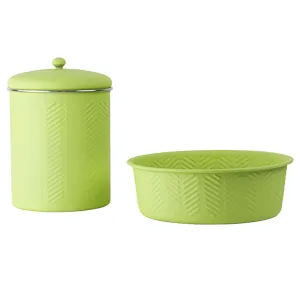 Pawpourri Chevron Emboss Treat Jar and Bowl Set for Dogs and Cats (Green)
