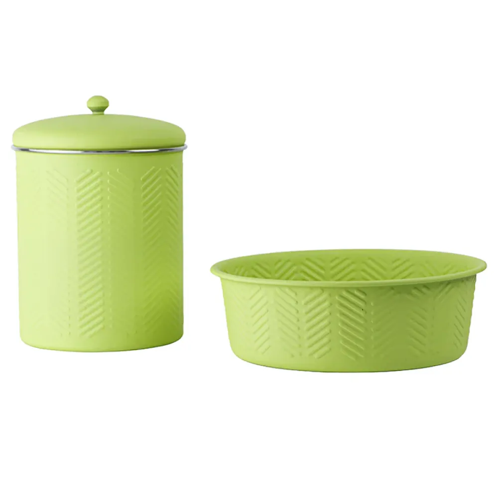 Pawpourri Chevron Emboss Treat Jar and Bowl Set for Dogs and Cats (Green)