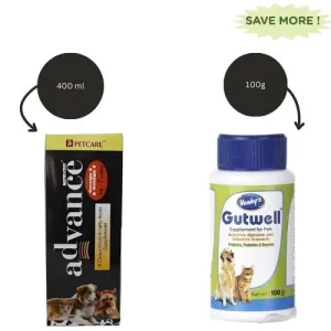 Petcare Nutricoat Advance Omega 3   6 Syrup and Venkys Gutwell Pre & Probiotics Gut Health Powder for Dogs and Cats Combo