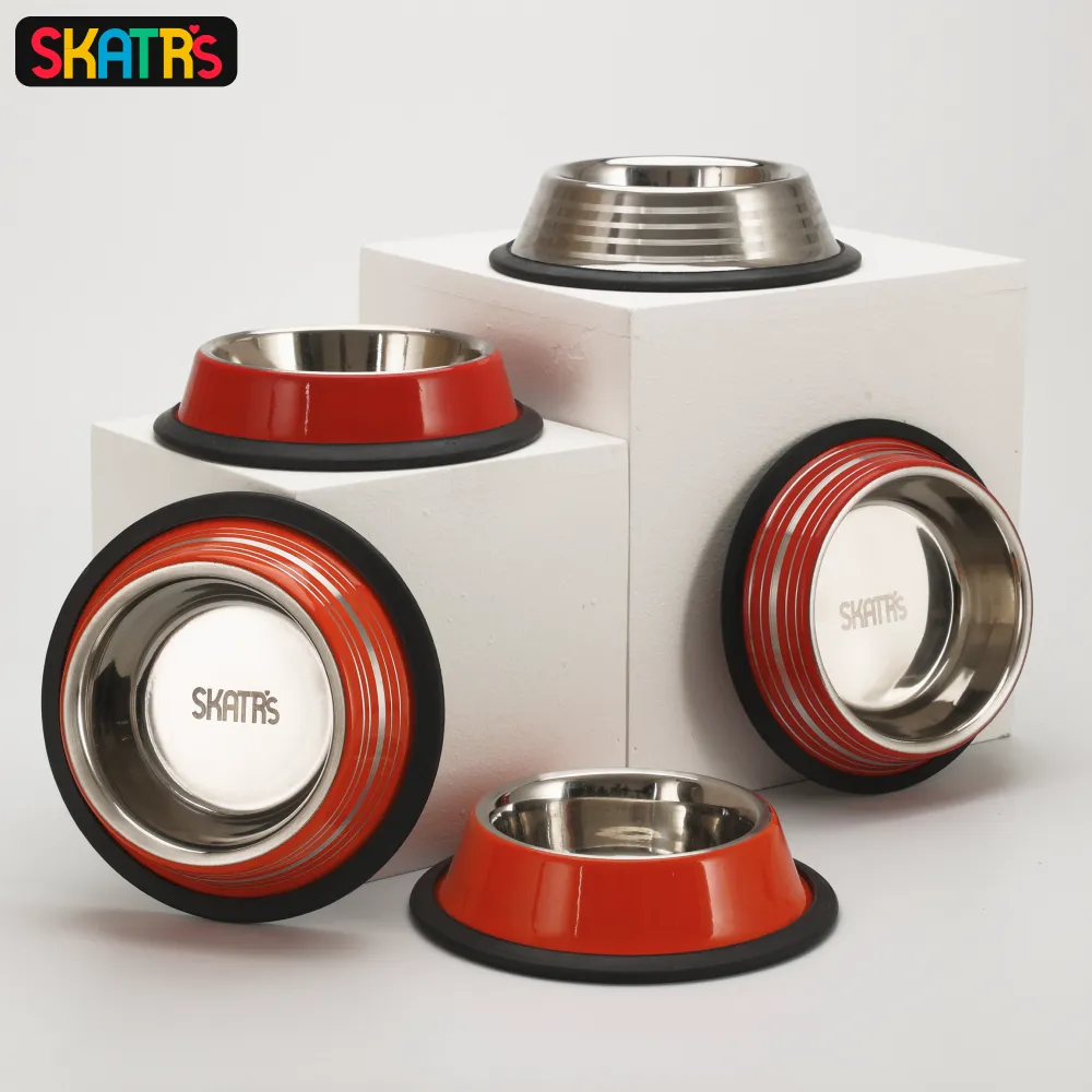 Skatrs Anti Skid Glossy Striped Bowl for Dogs and Cats (Orange)