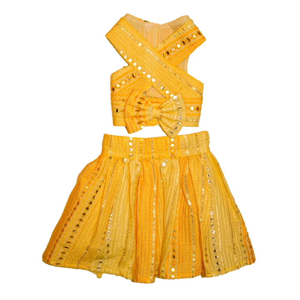 The Papaw Cartel Sunrise Ghagra Choli with Mirror Embroidery for Dogs (Yellow)