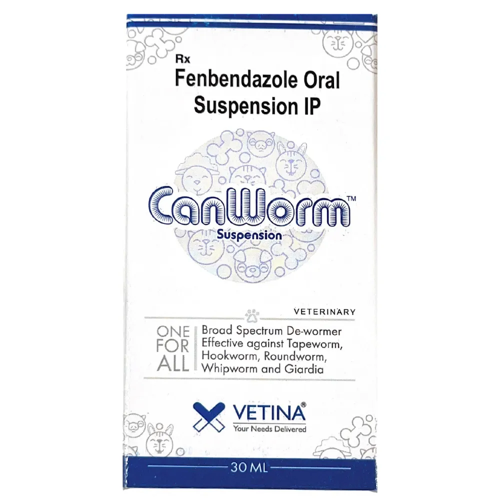 Vetina Canworm (Fenbendazole) Pet Deworming Suspension (30ml) and Venkys Gutwell Pre & Probiotics Gut Health Powder (!00g) for Dogs and Cats Combo