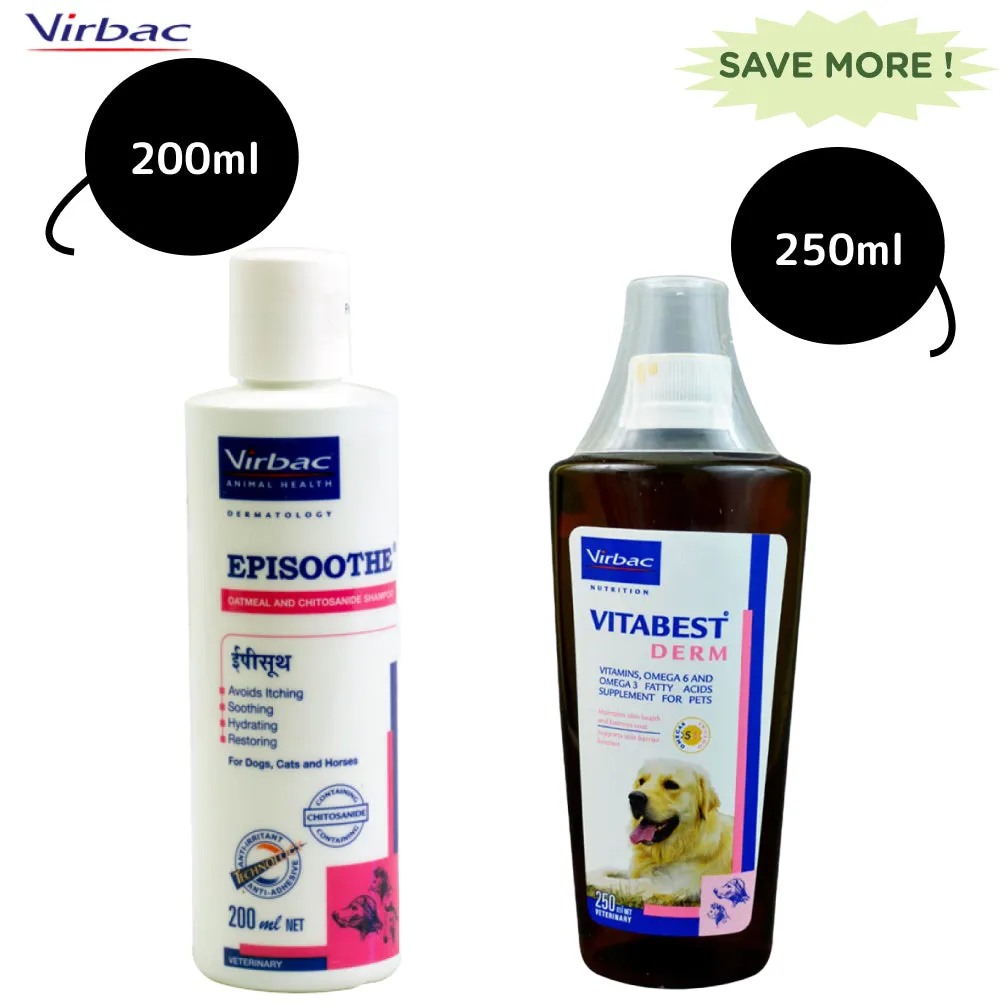 Virbac Episoothe Oatmeal Shampoo (200ml) and Vitabest Derm Omega 3   6 Syrup (250ml) Combo
