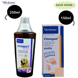 Virbac Ostopet Calcium Supplement Syrup (150ml) and Vitabest Derm Omega 3   6 Syrup for Dogs & Cats (250ml) Combo