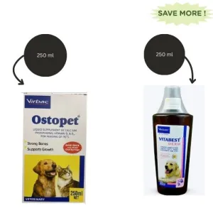 Virbac Ostopet Calcium Supplement Syrup and Vitabest Derm Omega 3 6 Syrup for Dogs and Cats (250ml) Combo