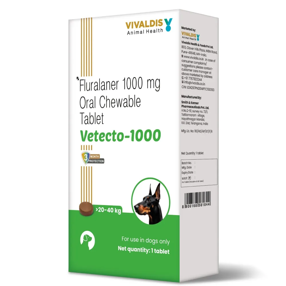 Vivaldis Vetecto 1000 (Fluralaner) chewable tablet for Dogs (1 Chewable tab)