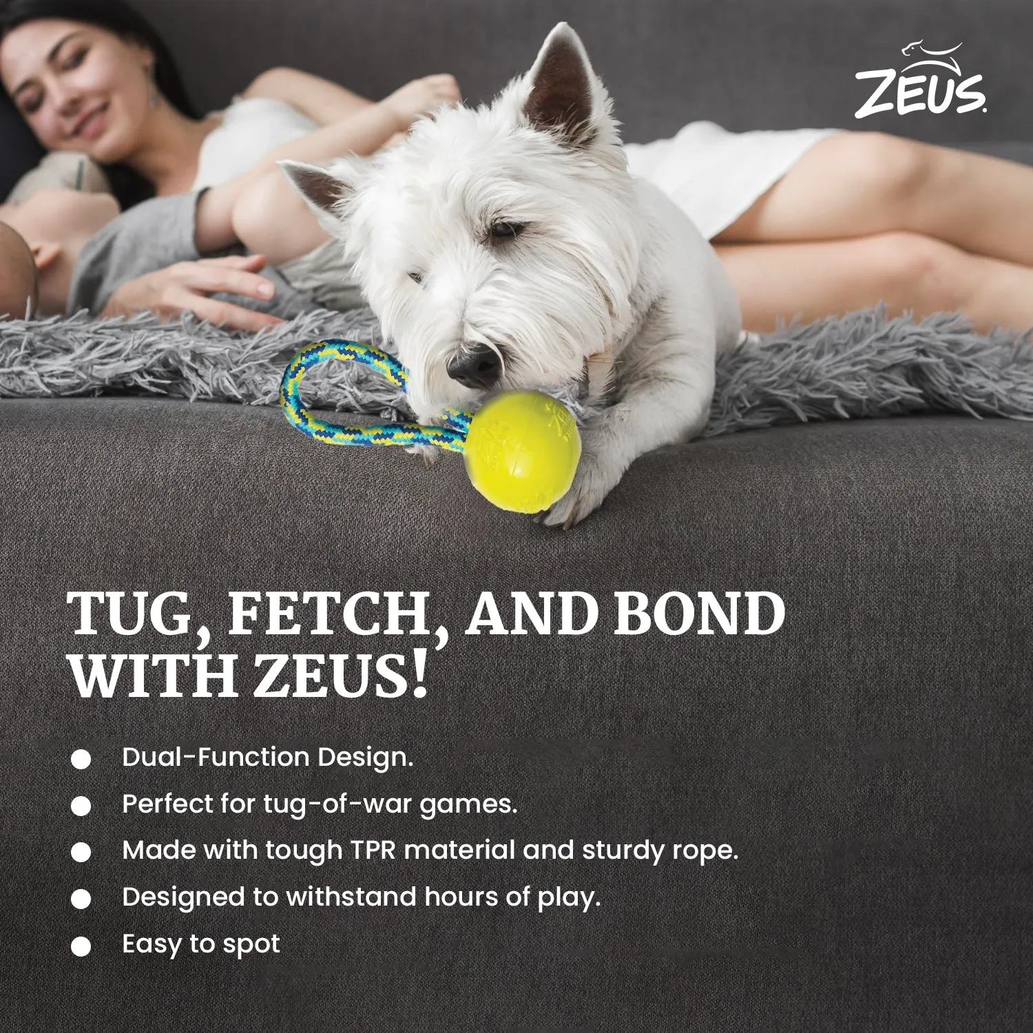 Zeus Rope Ball Tug with Single Hand Loops Toy for Dogs (Yellow)